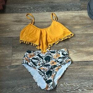 Yellow Pom-Pom Bikini Top and Floral High-Waisted Bottoms